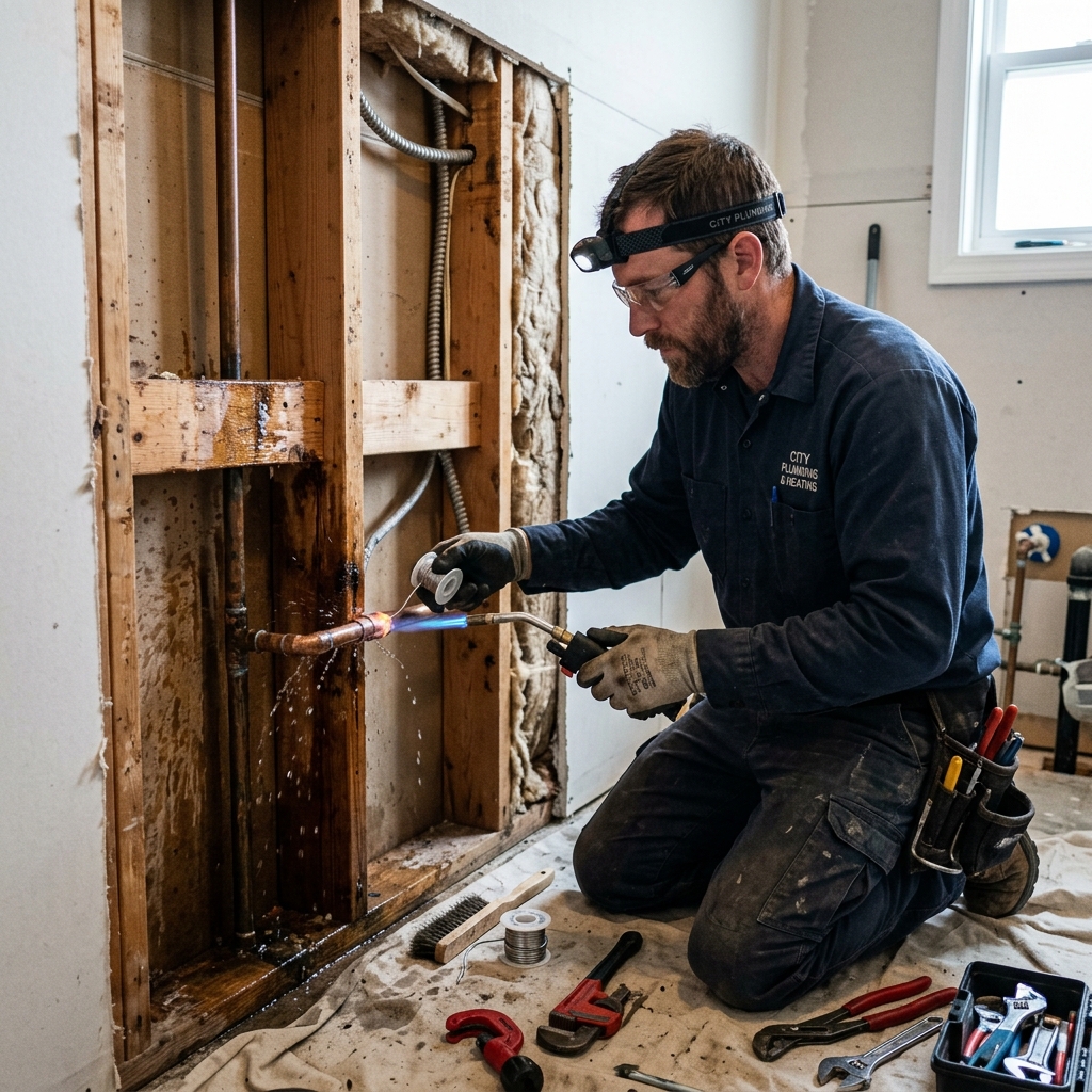 Plumber repairing a leaking copper water pipe